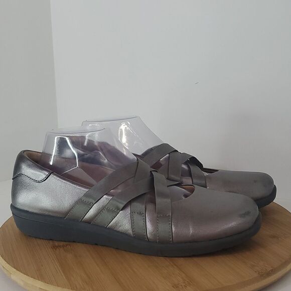 Vionic Serenity Leather Pewter Metallic Mary Janes Comfort Shoes Women's Size 9 - Picture 1 of 15